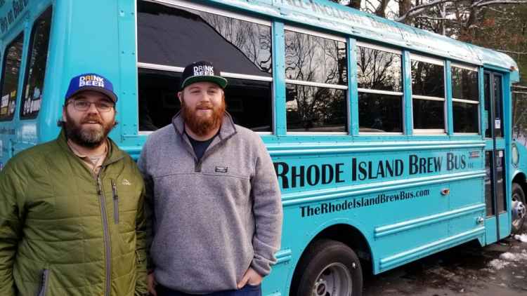 Zach Poole, left, bought The Rhode Island Brew Bus from founder Bill Nangle, right.  Courtesy of Maine Brew Bus