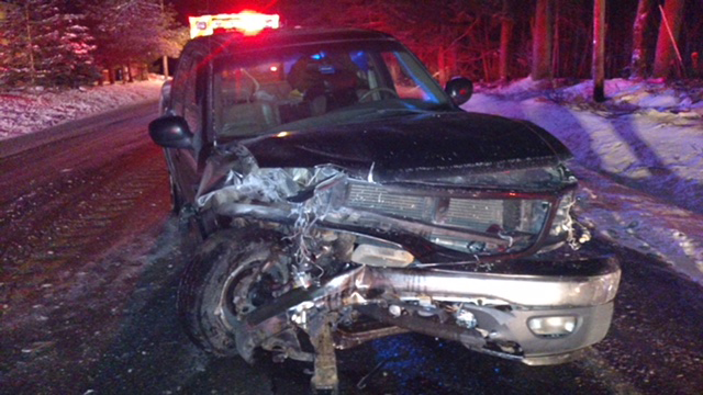 Brad Provencher's pickup truck after it  crossed the centerline and struck a Mercedes-Benz sedan on the Lewiston Road.