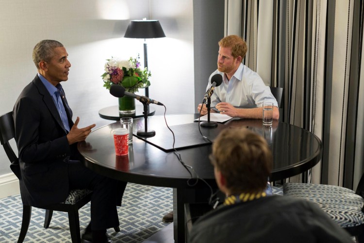 Britain's Prince Harry, right, interviews Barack Obama as part of his guest editorship of BBC Radio 4's Today program which is to be broadcast on the December 27.