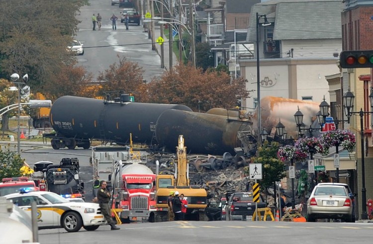 Downtown Lac-Megantic, Quebec, on July 9, 2013, after a derailment of crude oil tankers from the Montreal, Maine & Atlantic Railway that killed 47 people.