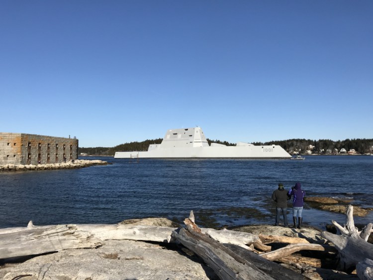 The newest Zumwalt-class stealth destroyer built by Bath Iron Works takes a test run Monday down the Kennebec River in 2017.