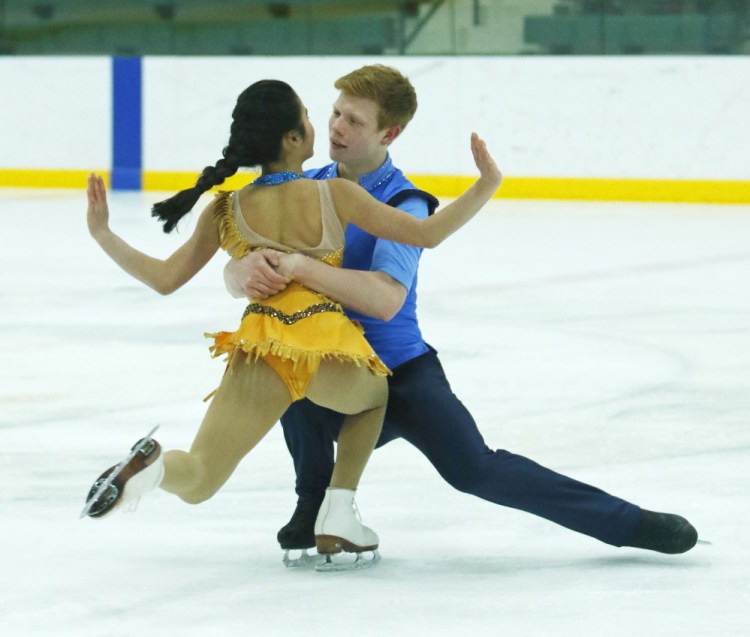 Franz-Peter Jerosch performs with Jade Hom in Falmouth last month. Their winning score in the national figure skating championships Tuesday was more than eight points ahead of a brother-sister team from Florida.