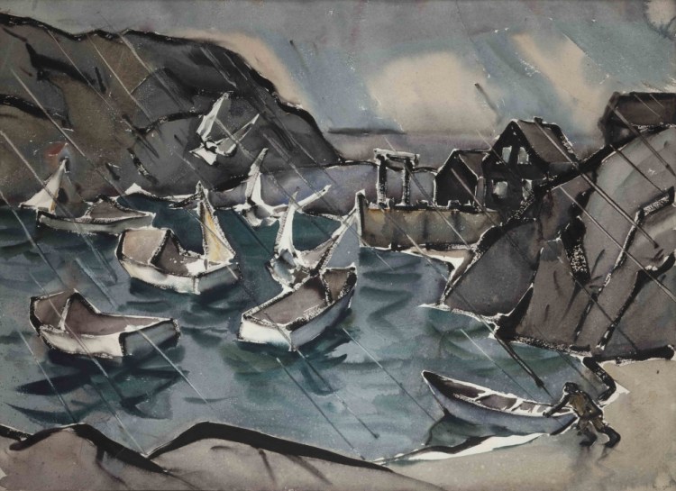 "Sou'westerly Monhegan Harbor," watercolor on paper by James Fitzgerald (James Fitzgerald Legacy/Monhegan Museum). Fitzgerald, below right, came to Monhegan Island in the 1940s and stayed until his death in 1971.