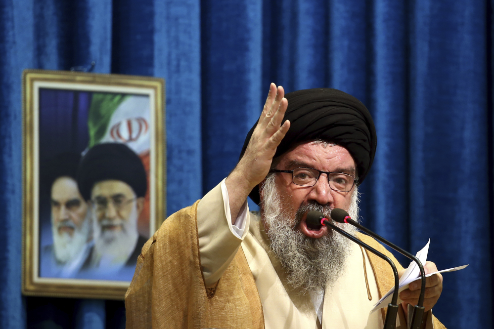 Iranian senior cleric Ayatollah Ahmad Khatami delivers his sermon during Friday prayers in Tehran.
