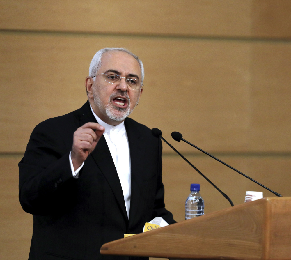 Iran's foreign minister, Mohammad Javad Zarif, speaks during the Tehran Security Conference in Tehran, Iran, on Monday.
Associated Press/Ebrahim Noroozi