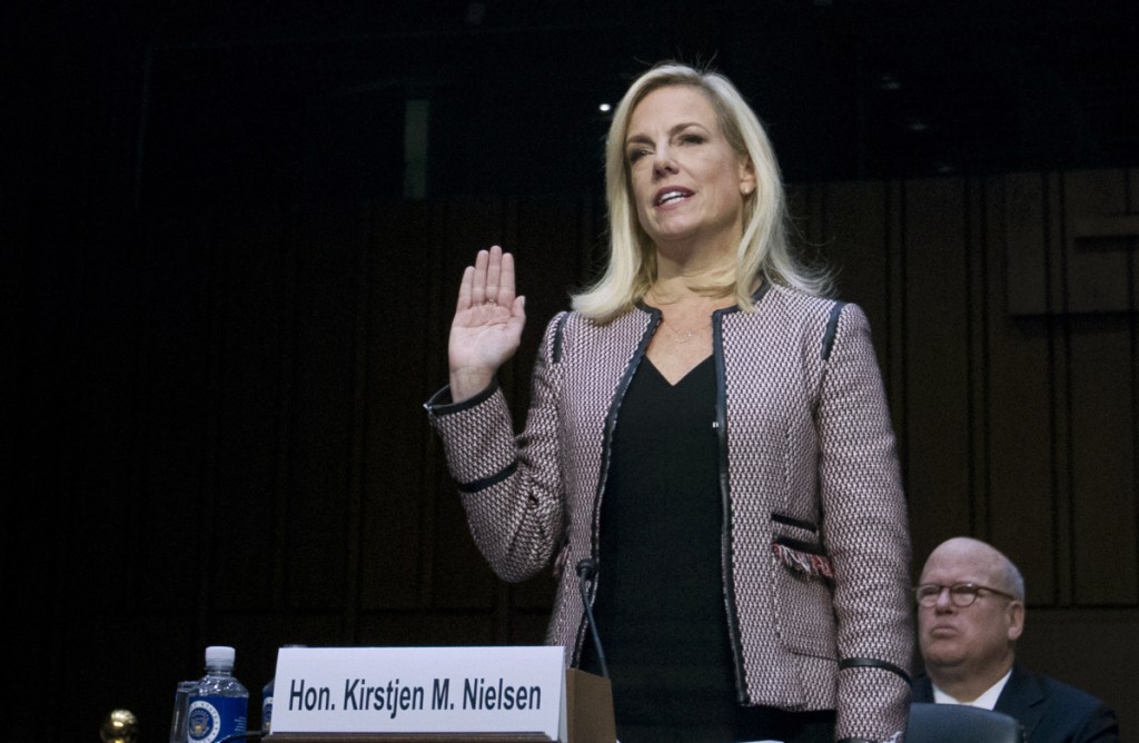 Homeland Security Secretary Kirstjen Nielsen appears before the Senate Judiciary Committee on Tuesday. Nielsen said she did not hear Trump use a vulgarity during a White House meeting, but "what I was struck with frankly ... was the general profanity used in the room by almost everyone."