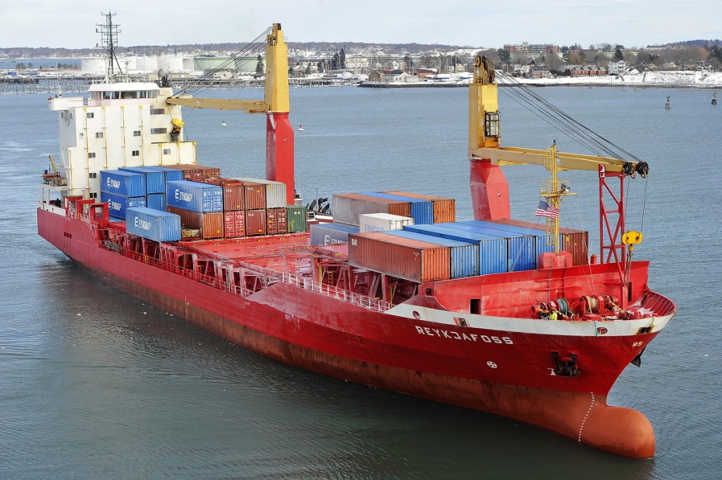An Eimskip container vessel comes through Portland Harbor in 2015. Gov. Paul LePage told harbor commissioners they were essentially taxing businesses when they increased pilot fees on ships entering the harbor.