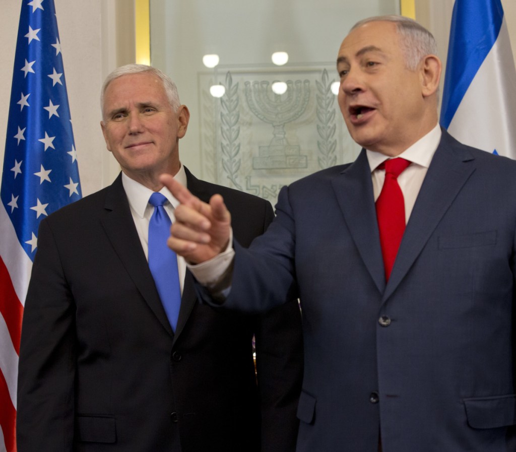 Vice President Mike Pence meets with Israel's Prime Minister Benjamin Netanyahu in Jerusalem on Monday. Pence is the first U.S. vice president to address the Knesset.