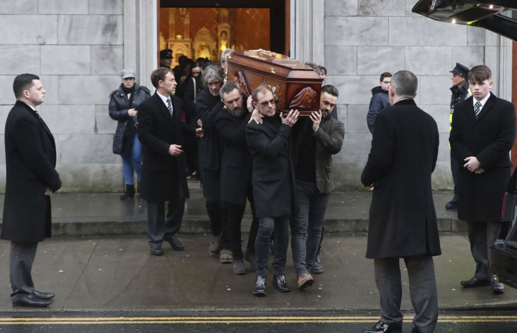 The coffin of Cranberries singer Dolores O'Riordan is removed from St Joseph's Church in County Limerick, Ireland on Sunday. O'Riordan, 46, was found dead last week at a London hotel.