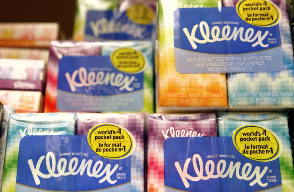 Kleenex tissues, a Kimberly Clark brand, for sale at a store in San Francisco. Kimberly-Clark is cutting 5,000 to 5,500 jobs, or 12 percent to 13 percent of its workforce, as the consumer products company tries to lower costs. The Huggies and Kleenex maker said Tuesday that it plans to close or sell about 10 manufacturing plants while expanding production elsewhere.