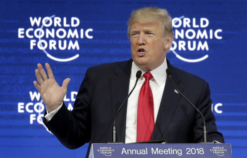 U.S. President Donald Trump delivers a speech during the annual meeting of the World Economic Forum in Davos, Switzerland, Friday, Jan. 26, 2018. (AP Photo/Markus Schreiber)
