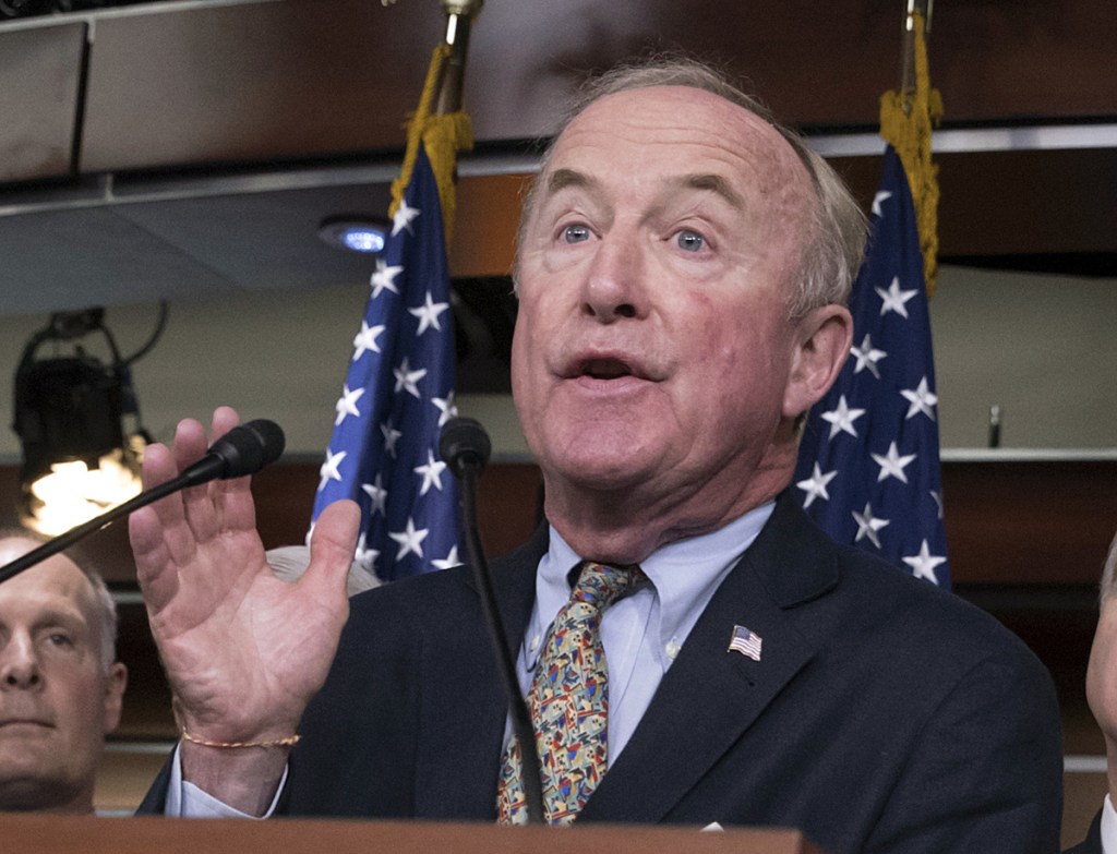 Rep. Rodney Frelinghuysen, R-N.J., chairman of the House Appropriations Committee, center,  speaks at the Capitol in Washington. Frelinghuysen has announced he will not seek re-election.  The New Jersey Republican was facing his first competitive re-election race in decades and joins a growing roster of GOP veterans who are declining to run in 2018.