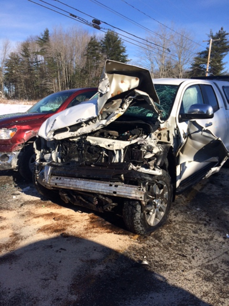 This white Toyota Tundra was struck in a Sunday morning crash in Madison by a Nissan Rogue on Route 148, sending three people to the hospital, one with possible serious injuries.