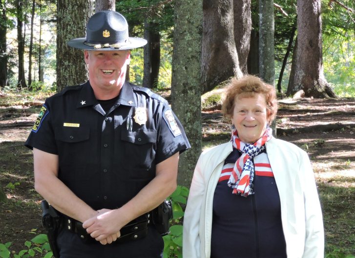 Eunice Farnsworth-Ruth Heald Cragin Chapter, National Society Daughters of the American Revolution chapter regent Shirley Emery, of Madison, with Skowhegan Chief of Police David Bucknam, who was the chapter's honored guest during the rededicating of the Sundail Monument at Coburn Park in Skowhegan.