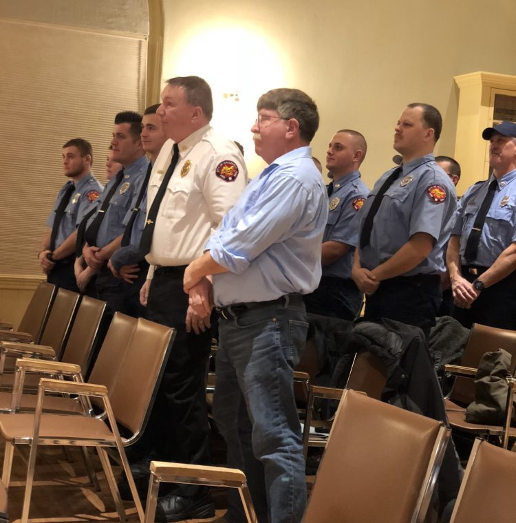 Members of the Hallowell Fire Department, including Chief Jim Owens, in white, attend the mayor's annual address Tuesday at Hallowell's inauguration ceremony.