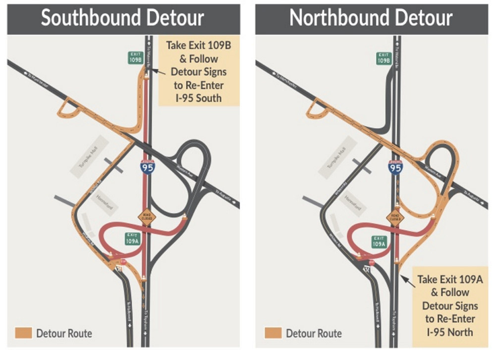 Maps illustrate north and south detours for exit 109 off Interstate 95 in Augusta planned for this weekend as part of ongoing overpass work.