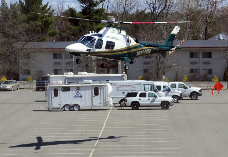 A Lifeflight air ambulance comes in for a landing in April 2016 in front of county emergency management command centers at the Augusta Civic Center. In conditions that include ice, snow or low clouds, among others, LifeFlight helicopters cannot land at the Rangeley airport, and the current runway is too short for the LifeFlight fixed-wing airplane.