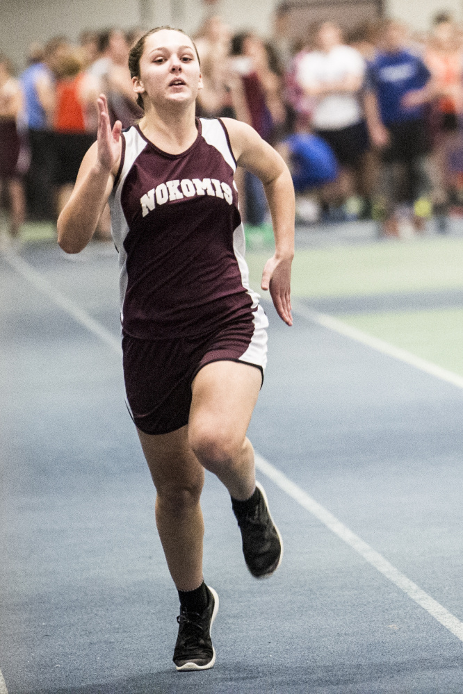 Nokomis High School's Meagan Whitten competes in the 55 meter dash during an indoor track and field meet Friday at Colby College in Waterville.