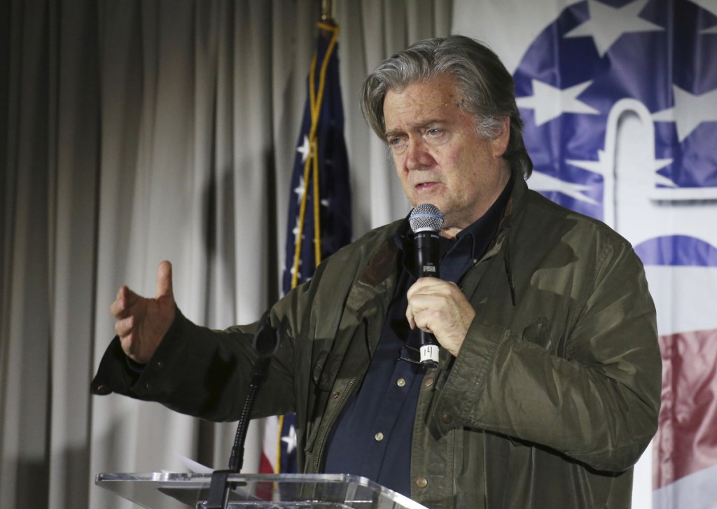 Steve Bannon speaks during an event on Nov. 9, 2017, in Manchester, N.H. Breitbart News Network announced Tuesday that Bannon is stepping down as chairman of the conservative news site.