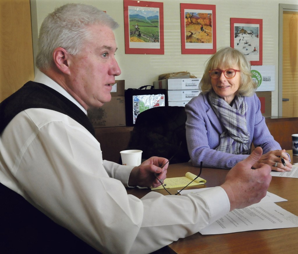 The Winslow School Board voted to hire Peter Thiboutot, pictured here in March 2015 with Ann Schoenthaler-Ervin, of the Coburn organization, as superintendent if Alternative Organizational Structure 92 is dissolved in a vote this spring by the three communities that make up the organization.