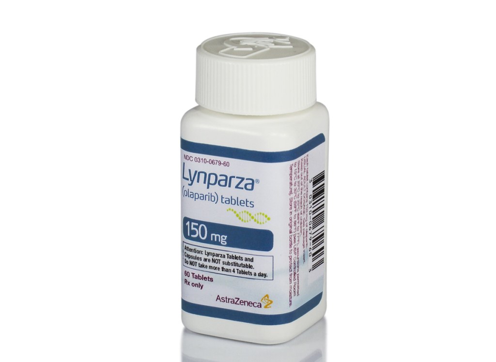 This photo provided by AstraZeneca shows a bottle of Lynparza. On Friday, Food and Drug Administration approved AstraZeneca PLC's Lynparza, the first drug aimed at women with advanced breast cancer caused by an inherited flawed gene.