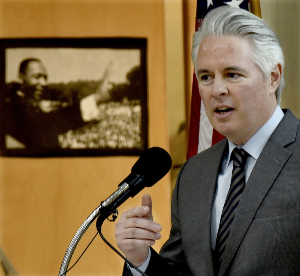 Colby College President David Greene gives the keynote address during the 32nd annual Martin Luther King Jr. Community Breakfast at the Muskie Center in Waterville on Monday. Greene spoke not only of the challenges that faced the nation 50 years ago, but of the challenges that face the nation and Waterville today.