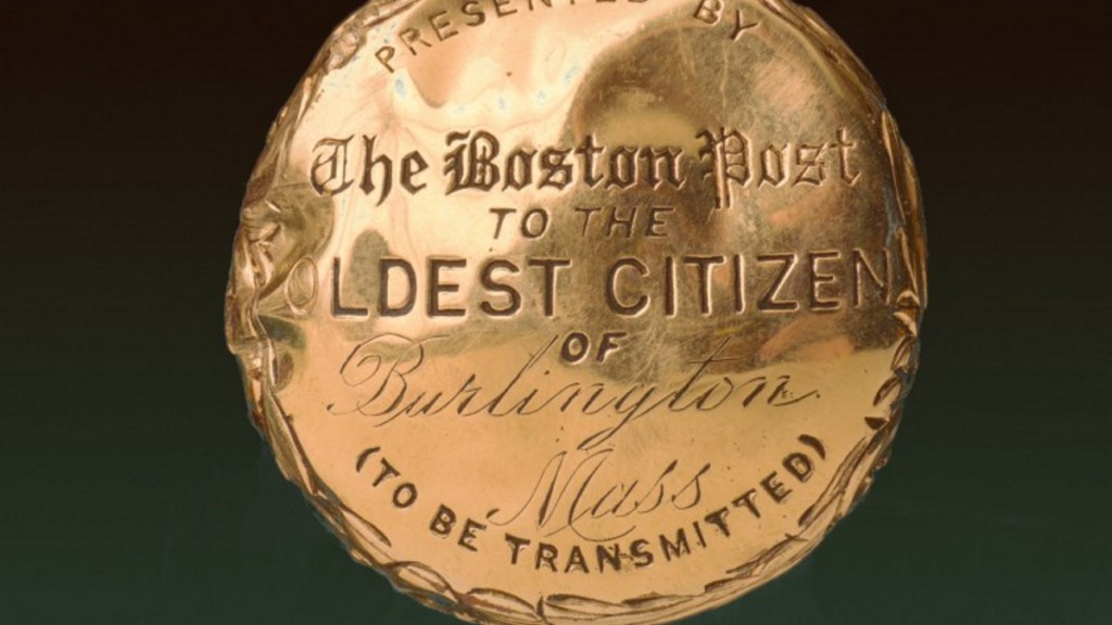 The inscription on the 14 carat gold head of the cane reads "Presented by the Boston Post to the oldest citizen of (name of town) — (To Be Transmitted)."
