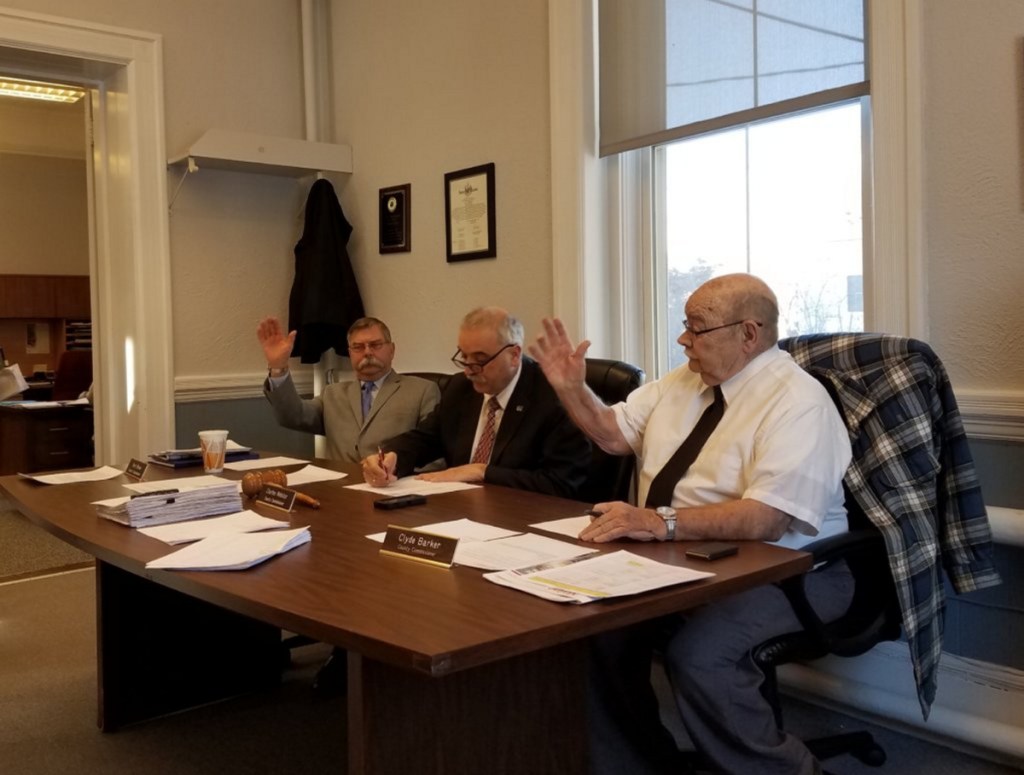 Franklin County Commissioner Charles Webster, of Farmington, center, was re-elected chairman Tuesday at the first meeting of the commissioners in 2018. Commissioner Terry Brann, of Wilton, is at left; and Commissioner Clyde Barker, of Strong, is at right.