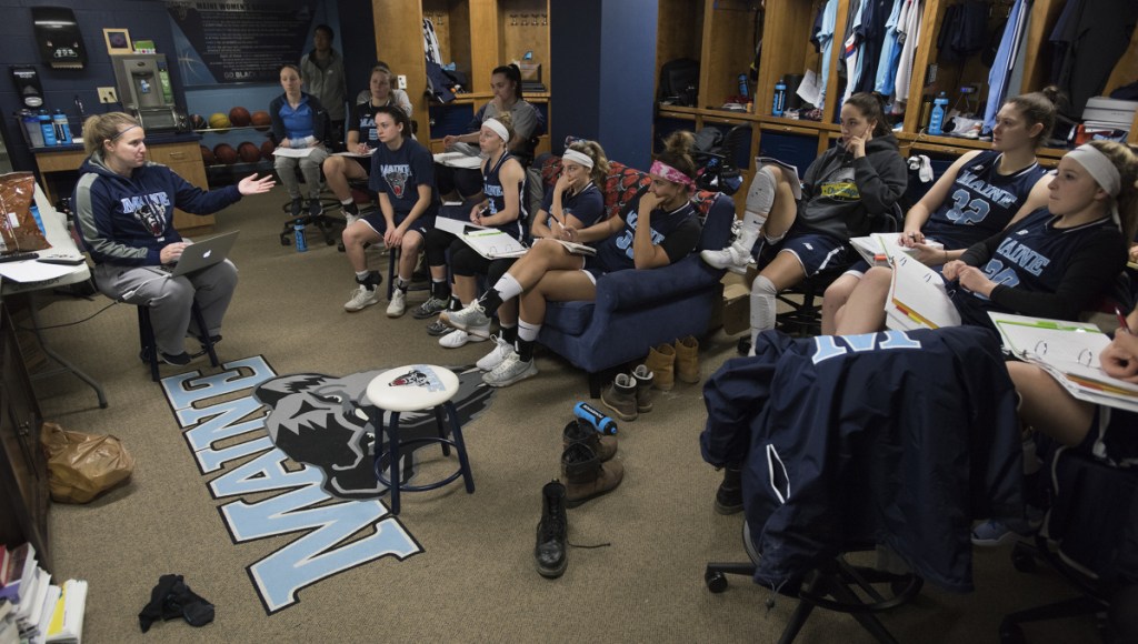 University of Maine women's basketball coach Amy Vachon talks with players before a film session on Jan. 8 in Orono.