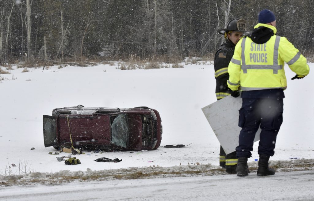State police and Skowhegan police and firefighters responded to the accident that left a burned truck overturned on the ice of a small pond along Route 2 in Skowhegan early Monday. A pregnant woman died in the accident and the baby was reportedly delivered by C-section after the accident.