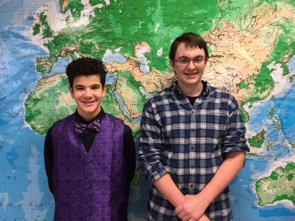 Waterville Junior High School recently held its geography bee. The runner-up was seventh-grade student Michael Lugo, left, and the geography bee champion was Adam Sirois, an eighth-grader.