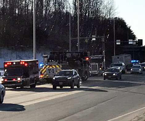 Emergency crews respond to Civic Center Drive in Augusta Friday morning after a semi truck broke down, prompting the closure of exit 112 on- and off-ramps.