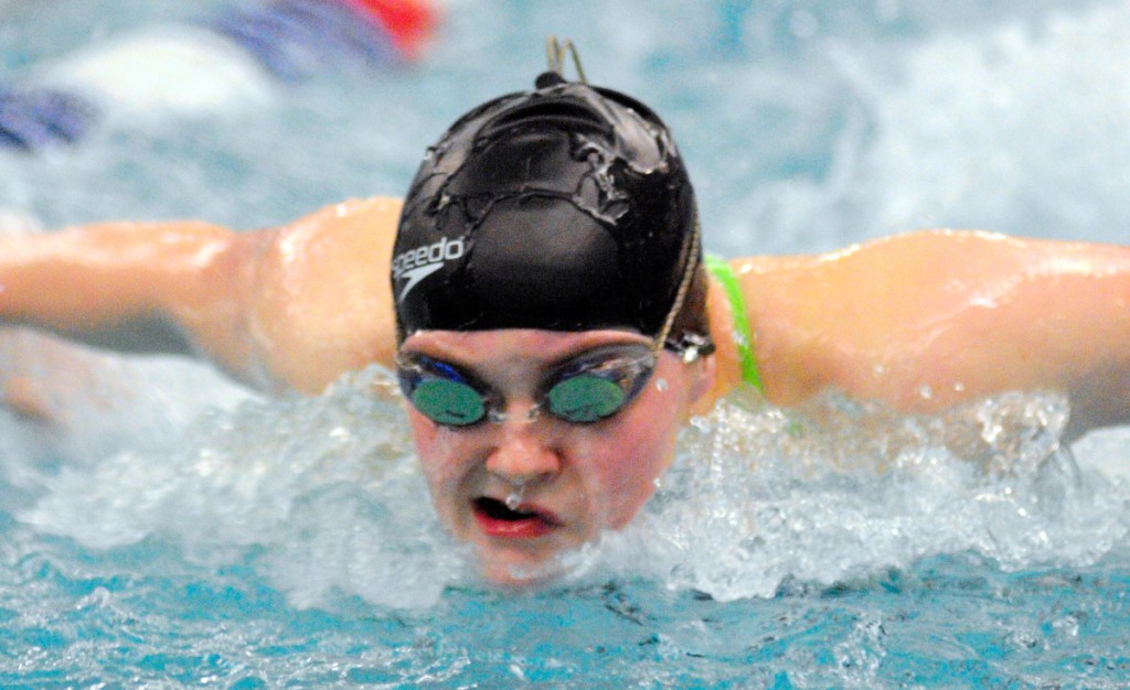 Cony's Talia Jorgensen practices the butterfly stroke during last season at the Kennebec Valley YMCA in Augusta.