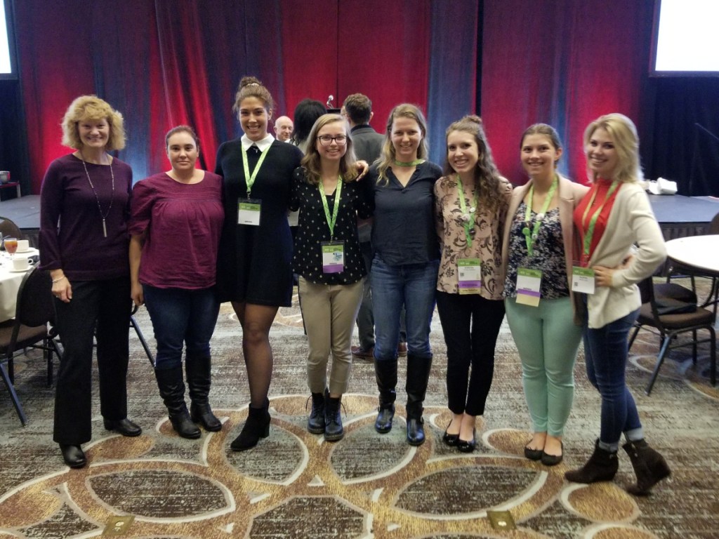 Seven Thomas College students and their professor recently attended the National Council of Teachers of English conference in Missouri. From left are Karen Laney, Nicole Duncan, Sydni Collier, Abbie Morgan, Katie Rybakova, Ashlea Gerbino and Alexis Lane, Elementary Education.