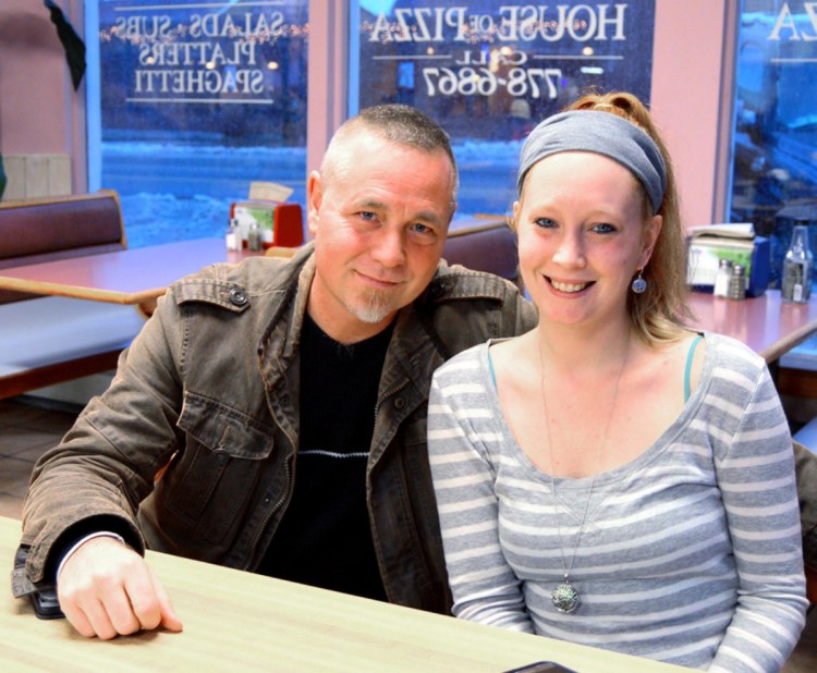 Father and daughter Carl Ouellette of Lewiston and Jessica Chouinard of Farmington met last week for the first time at the Farmington House of Pizza.