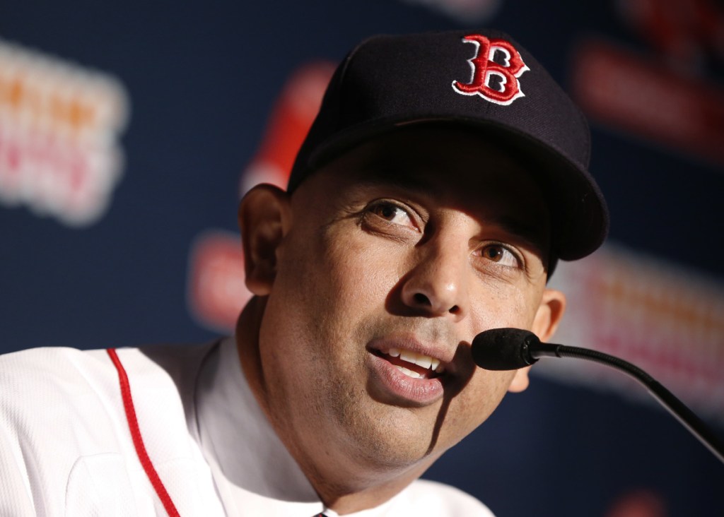 Boston Red Sox manager Alex Cora speaks after being introduced as the 47th manager and first Latino manager in the club's history in Boston in late November. Cora is the youngest Red Sox manager in decades, and the team hopes his ability to relate to his players will help the team on the field.