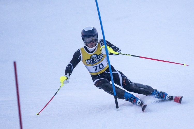 Mt Blue High School's Sam Smith competes in a slalom race at Titcomb Mountain in Farmington on Jan. 24.