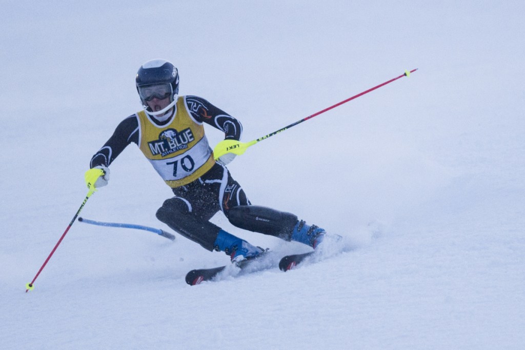 Mt Blue High School's Sam Smith competes in a slalom race at Titcomb Mountain in Farmington on Jan. 24.