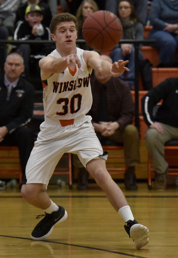 Winslow's Isaiah Goldsmith passes the ball during a Kennebec Valley Athletic Conference game against Skowhegan on Tuesday in Winslow.