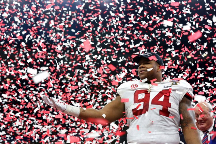 Alabama defensive lineman Da'Ron Payne celebrates after being selected most valuable defensive player, after the Sugar Bowl in New Orleans Monday.