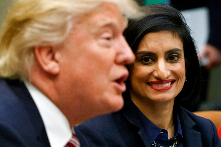 In this March 22, 2017 file photo Administrator of the Centers for Medicare and Medicaid Services Seema Verma with President Donald Trump at a meeting in the  the White House in Washington. The Trump administration says it's offering a path for states that want to seek work requirements for Medicaid recipients, and that's a major policy shift toward low-income people. 