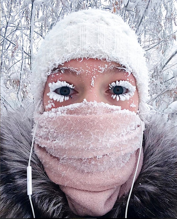 In this photo taken on Sunday, Anastasia Gruzdeva poses for selfie as the temperature dropped to about minus 58 degrees Fahrenheit in Yakutsk, Russia.  
 sakhalife.ru photo via AP