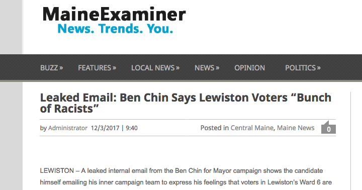 This image shows the online posting from a conservative website that attacked Lewiston mayoral candidate Ben Chin.