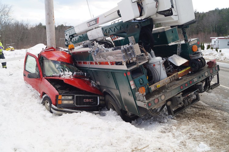 A pickup truck driven by Robert Sanborn, 38, of Paris was crushed by a Target Utility Services bucket truck on Route 117 in Norway on Tuesday. Sanborn was taken to a hospital with a head laceration, according to police.