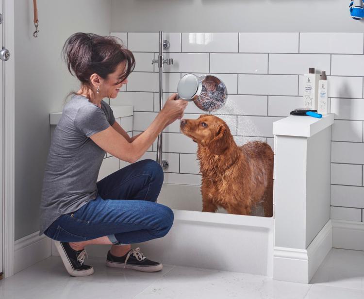 The Fiat Molded Stone mop service basin and multi-function hand shower is handy for dog-washing in the mud room.