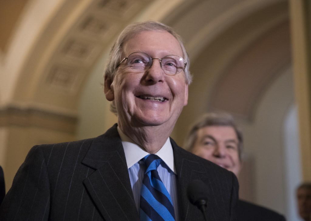 Senate Majority Leader Mitch McConnell, R-Kentucky, meets with reporters Tuesday as Senate leaders were working on a budget deal that was announced Wednesday.
