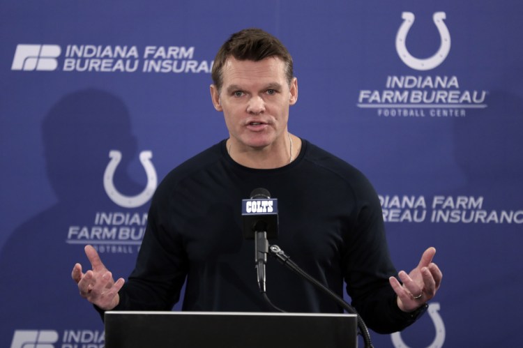 Indianapolis Colts GM Chris Ballard answers questions during a press conference Wednesday. He had hoped to name Josh McDaniels as coach, but his search continues at McDaniels decided Tuesday night to return to the Patriots.
