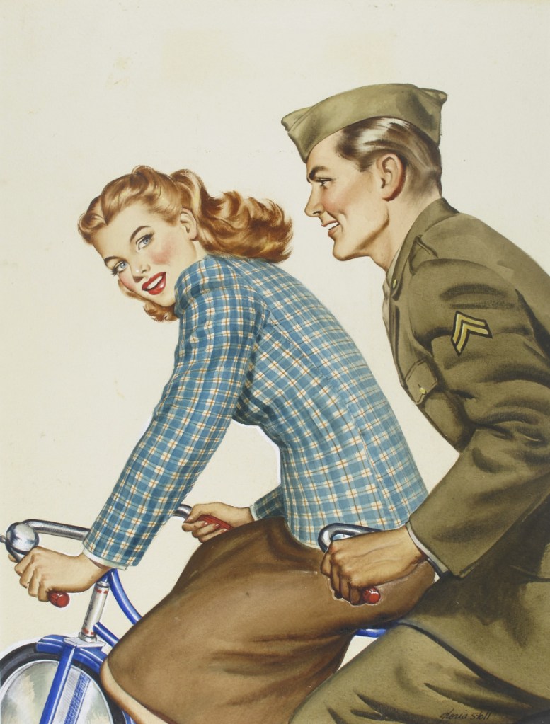 The 1944 watercolor-on-board painting "Army Soldier and Woman on Bicycle," by Gloria Stoll Karn.
