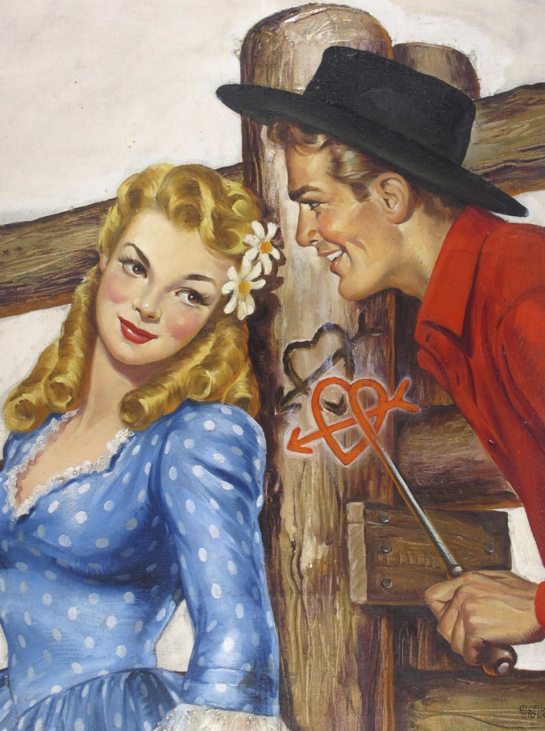 The oil on canvas painting "Couple with Heart Branding Iron," by Gloria Stoll Karn. Stoll Karn, who was an illustrator of pulp crime and romance magazines during the 1940s, plans to attend the opening Saturday of an exhibition of her works at the Norman Rockwell Museum in Stockbridge, Mass.