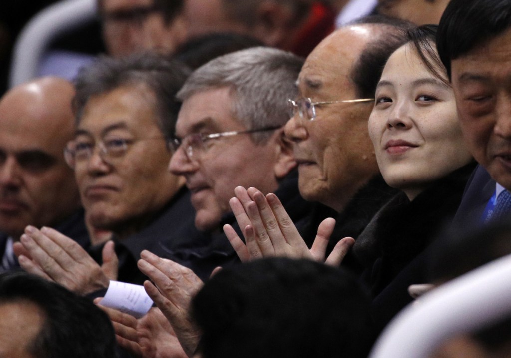 Kim Yo Jong, sister of North Korean leader Kim Jong Un, watches the second period of the preliminary round of the women's hockey game at the 2018 Winter Olympics in Gangneung, South Korea, on Saturday.
